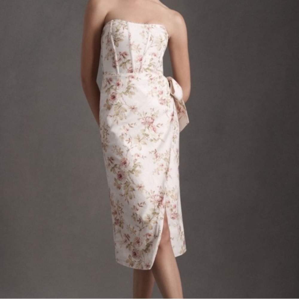 V. Chapman Strapless Corset Midi Dress Size 10 Pink Floral Linen Blend